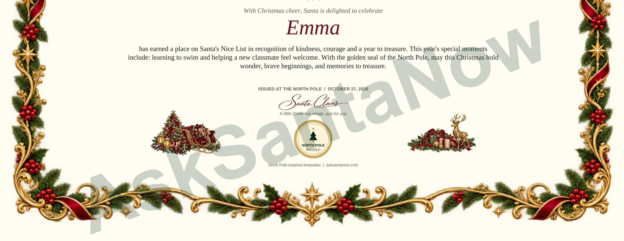 Express Premier certificate: actual fictional Emma name, signature and seal detail, watermarked AskSantaNow
